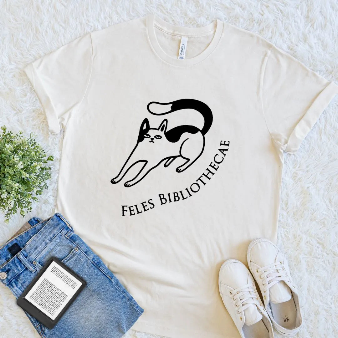 natural beige bookish T shirt with minimalist library cat illustration and Latin typography Feles Bibliothecae