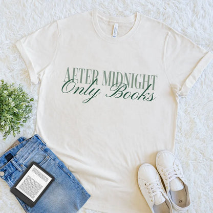 Cream book lover T-shirt with After Midnight Only Books typography design