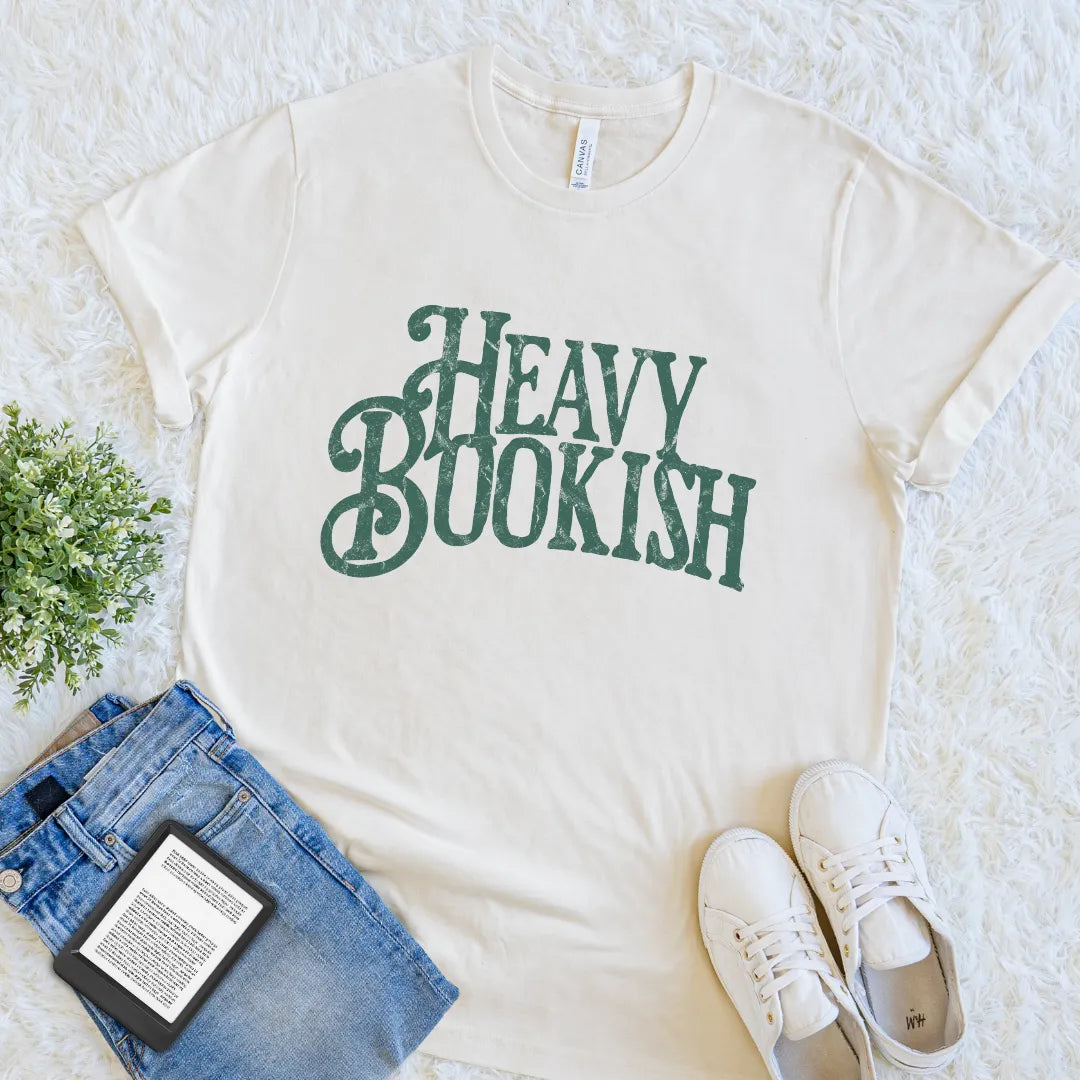 Cream bookish T-shirt with Heavy Bookish typography in muted green distressed vintage lettering