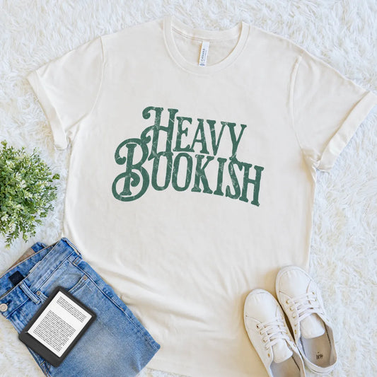 Cream bookish T-shirt with Heavy Bookish typography in muted green distressed vintage lettering