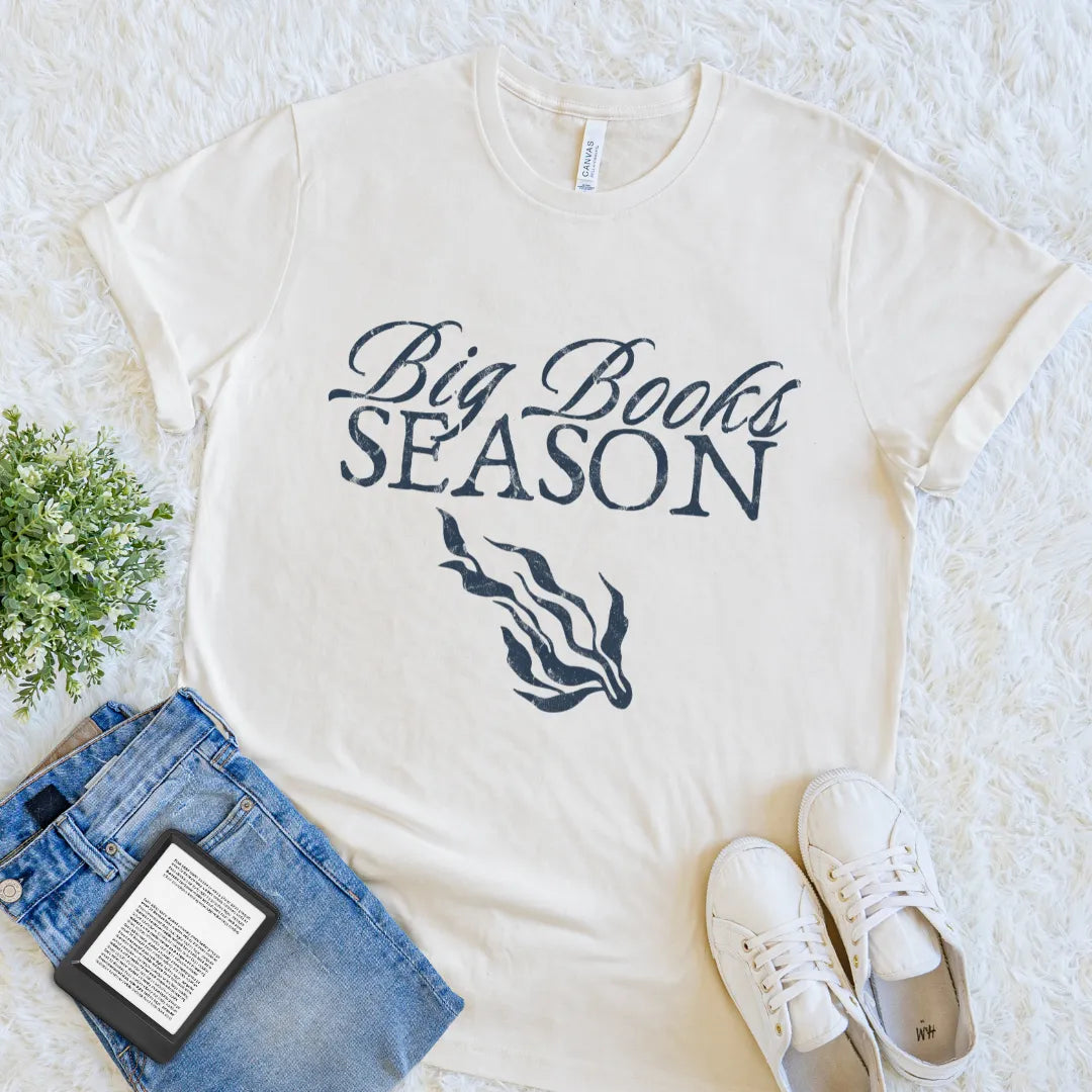 Cream coastal bookish T-shirt with Big Books Season typography and seaweed graphic
