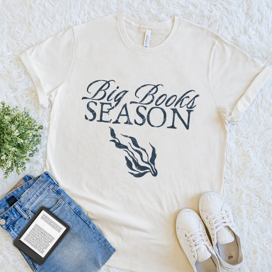 Cream coastal bookish T-shirt with Big Books Season typography and seaweed graphic