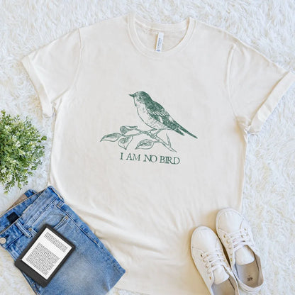 Cream book lover T-shirt with bird illustration and I Am No Bird literary quote