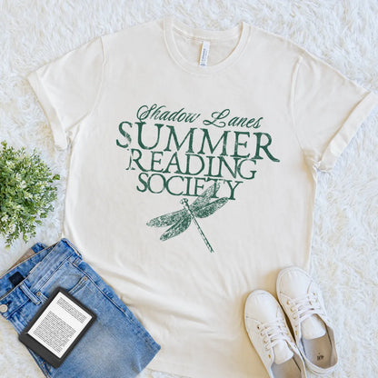 Cream book lover T-shirt with Summer Reading Society text and vintage dragonfly illustration