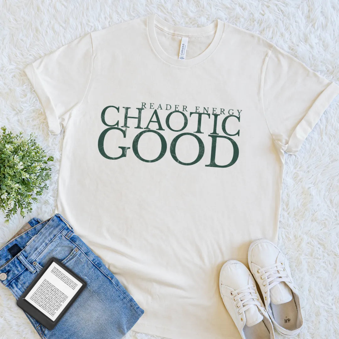 Cream book lover T-shirt with Chaotic Good reader energy text design