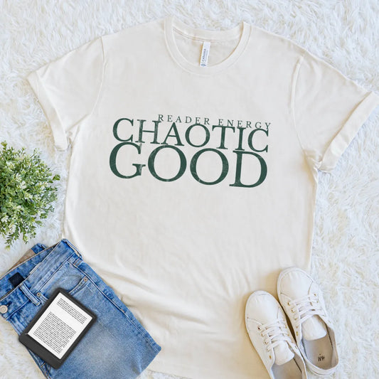 Cream book lover T-shirt with Chaotic Good reader energy text design