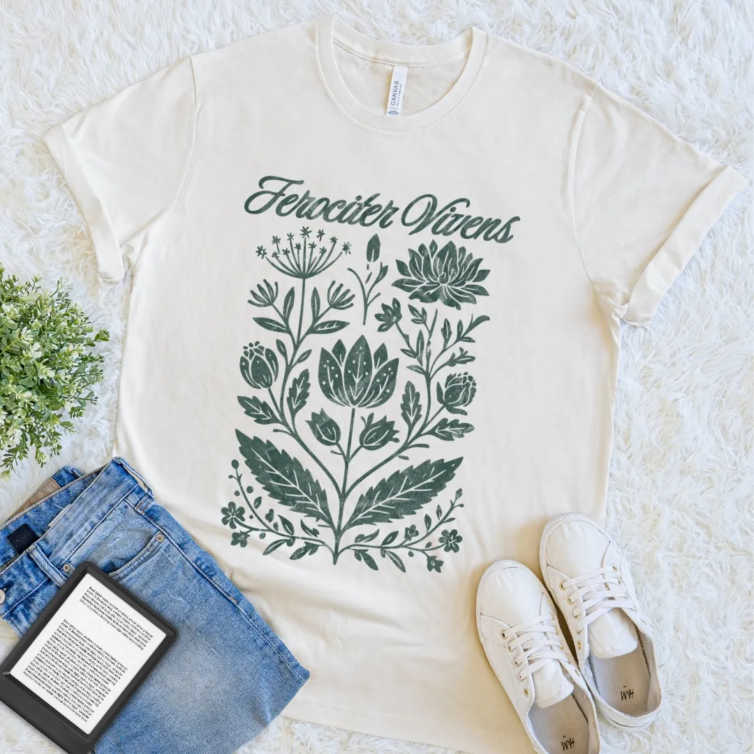 Natural Ferociter Vivens botanical Latin shirt featuring detailed vintage floral artwork and graceful typography, an intellectual statement tee with dark academia character.
