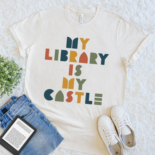 Natural My Library Is My Castle T-shirt with colorful geometric retro typography, a playful bookish graphic tee for proud readers and library lovers.