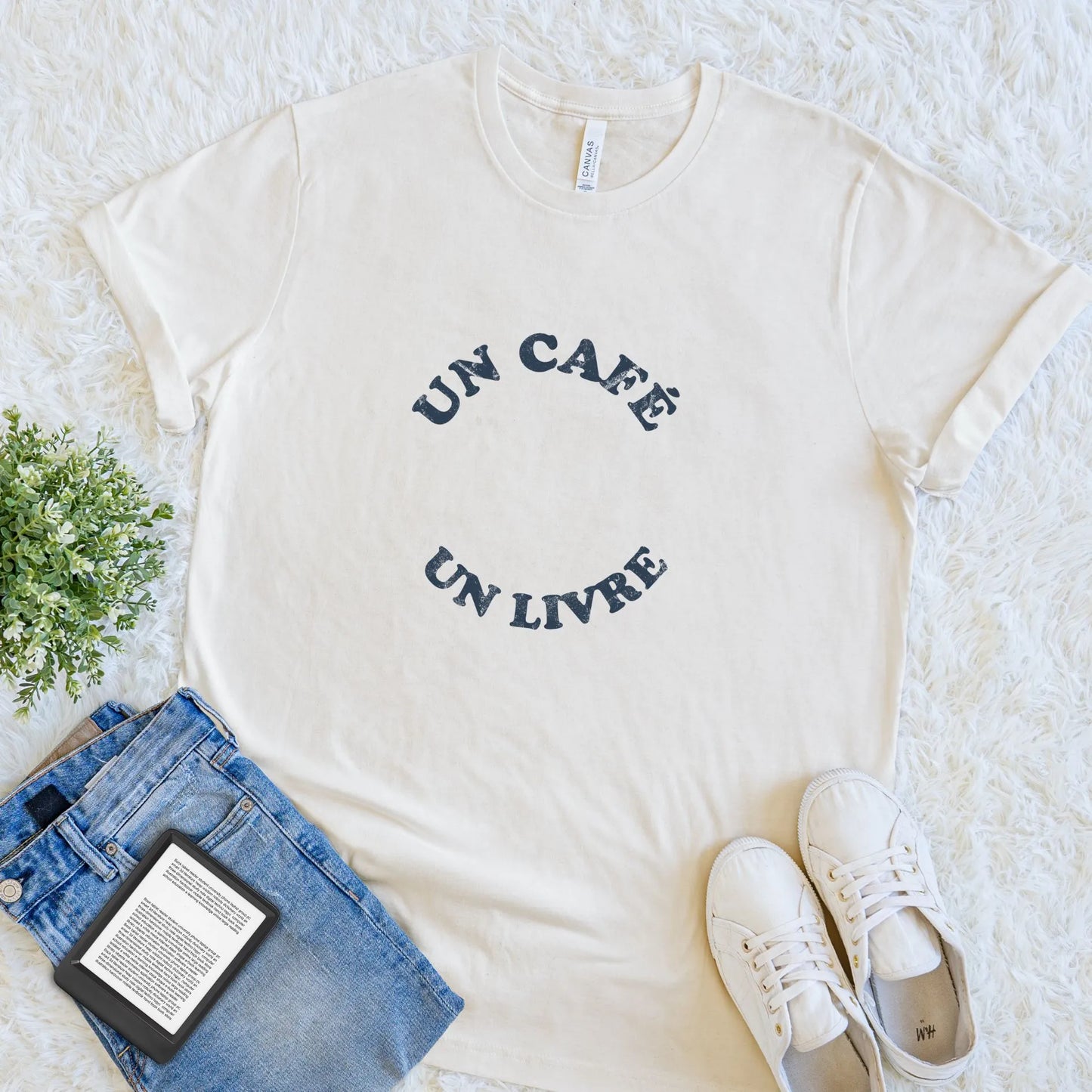Cozy coffee and books T-shirt for bibliophiles with muted navy retro typography on cream cotton