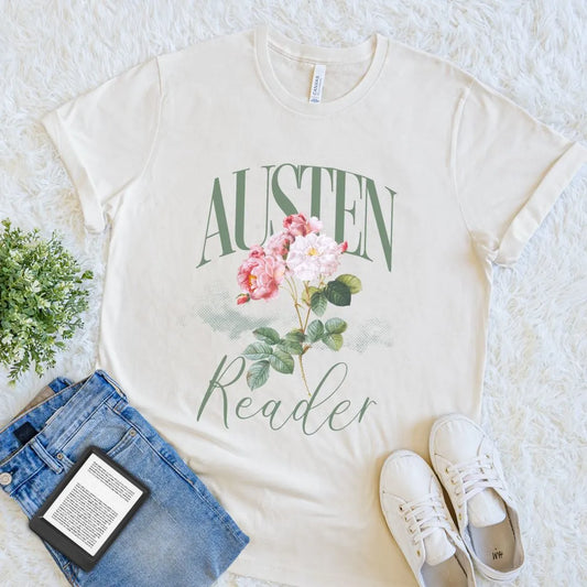 Cozy natural beige  book lover T-shirt featuring floral artwork and Austen reader wording on soft white fabric