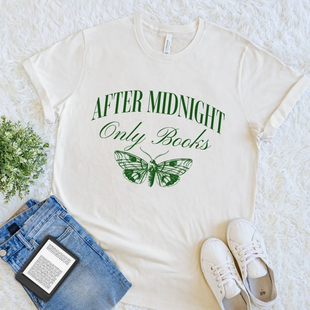 Soft cotton cream book lover T-shirt with “After Midnight Only Books” text and vintage moth illustration