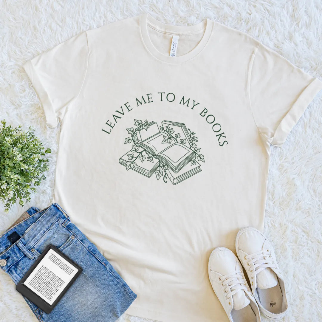 Cream vintage reader tee with ivy and open books graphic and introvert reading quote design 