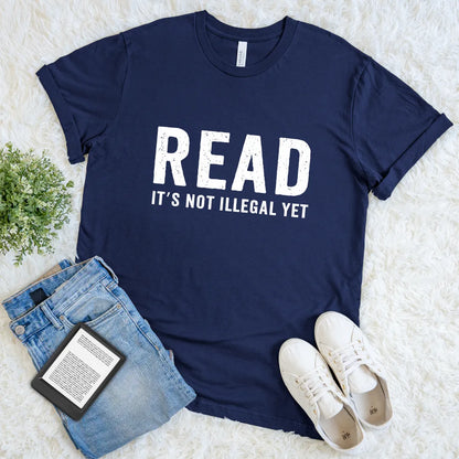 Graphic navy tee with dark humor about reading and censorship