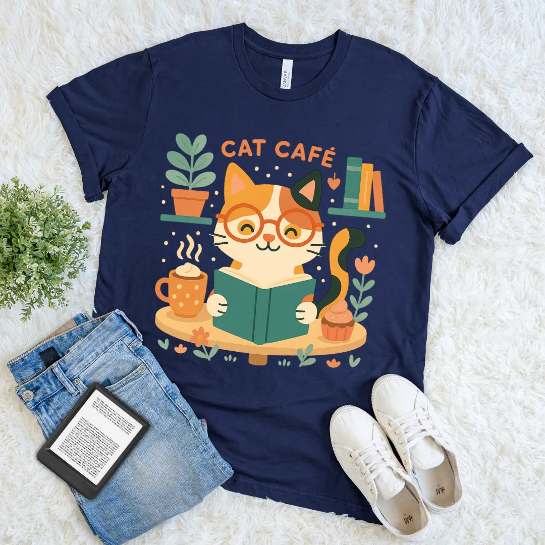Navy blue t-shirt with a'Cat Cafe' text, and cartoon cat café scene with book stack and coffee cup