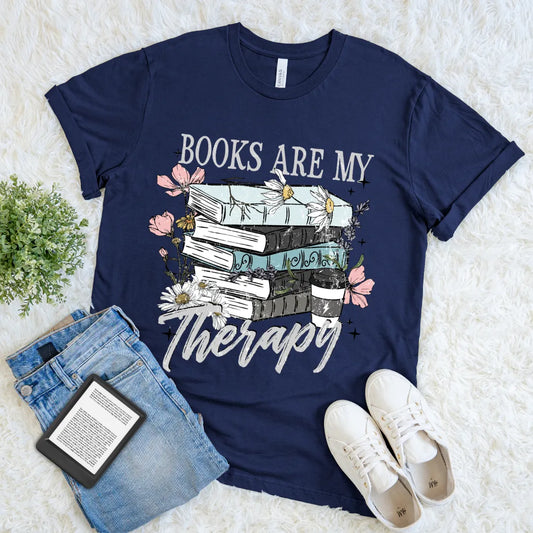 books are my therapy tee with flowers