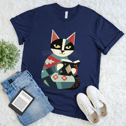 Navy t-shirt with a serious cat in a sweater deeply into a book