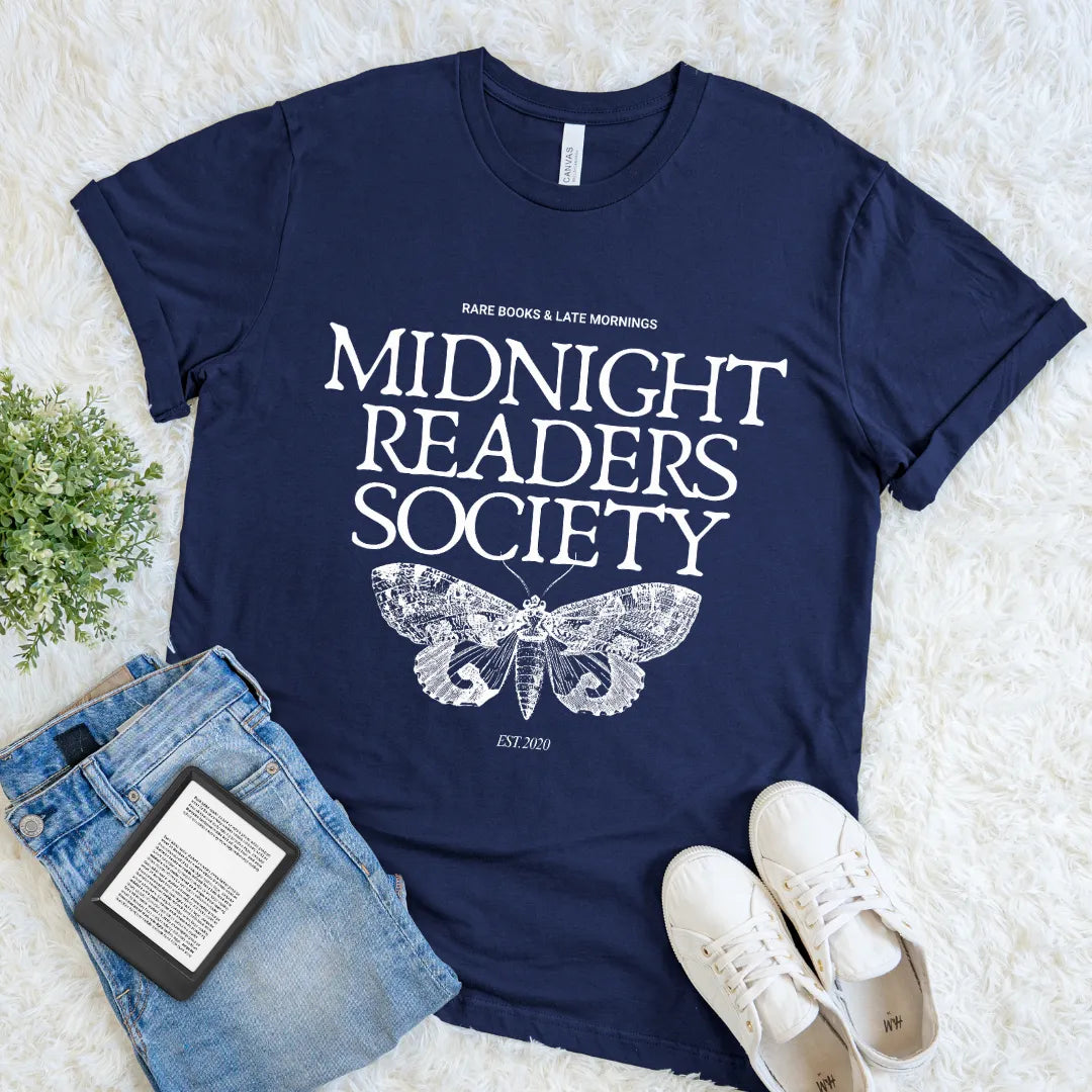 Dark academia graphic t shirt gift for book lovers in navy blue featuring midnight readers society design, thoughtful reader gift for night readers