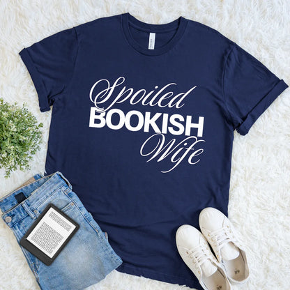 soft cotton navy T-shirt featuring "spooled bookish wife" quote in elegant and bold lettering 