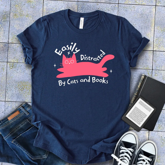 easily distracted by cats and books tee