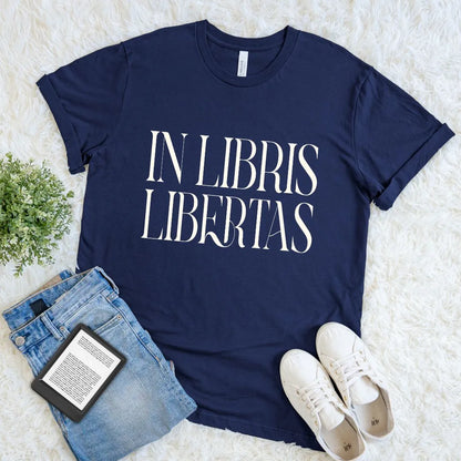 Dark academia graphic t shirt gift for book lovers featuring Latin phrase “In Libris Libertas”, thoughtful reader gift for literature students