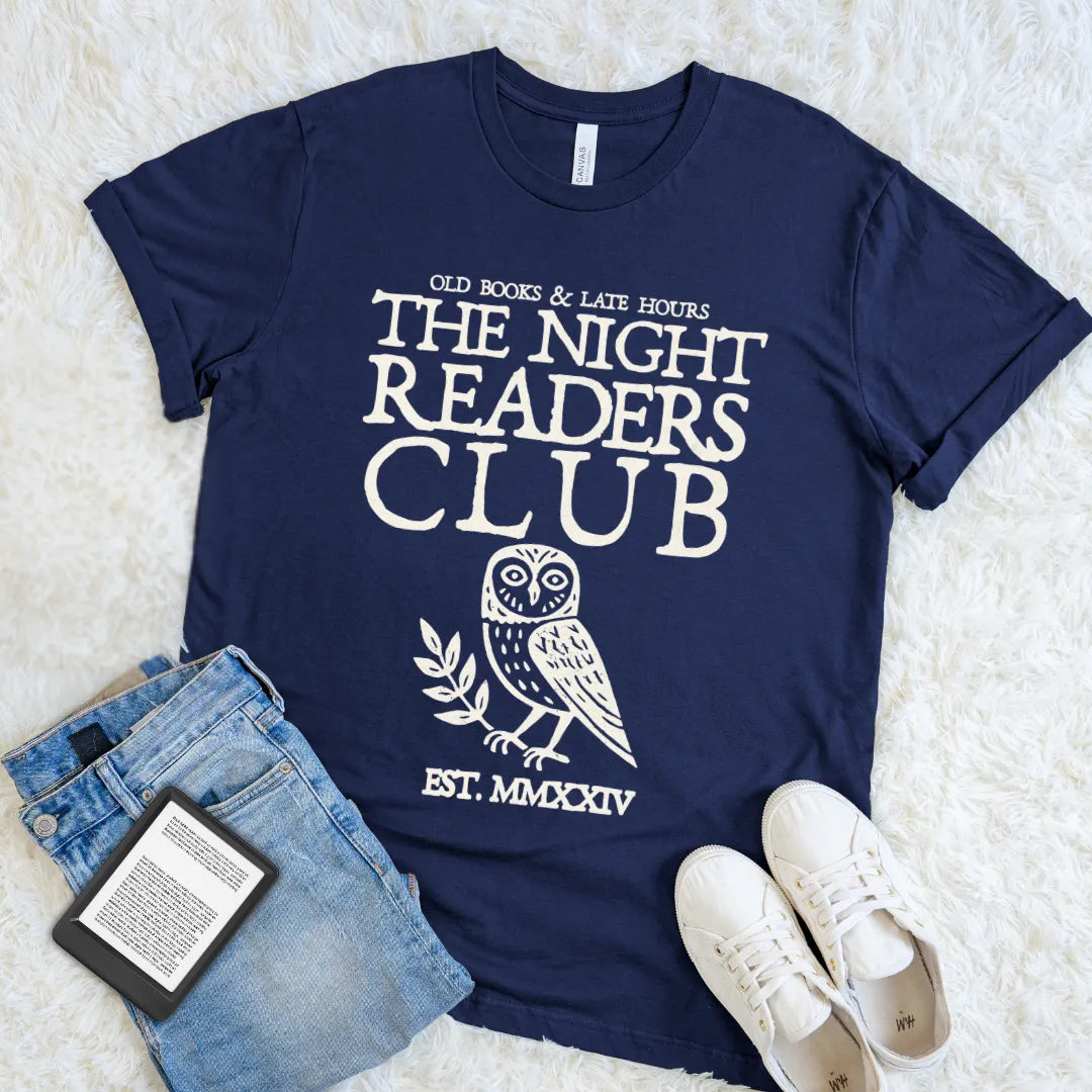 Navy The Night Readers Club T-shirt with a vintage owl and Old Books & Late Hours motto