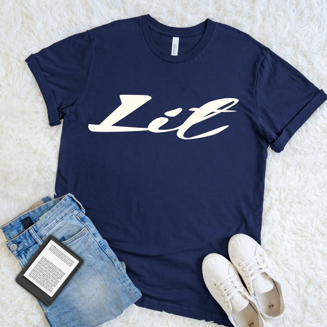 Navy Lit T-shirt with oversized cream retro script and a minimalist literary double meaning
