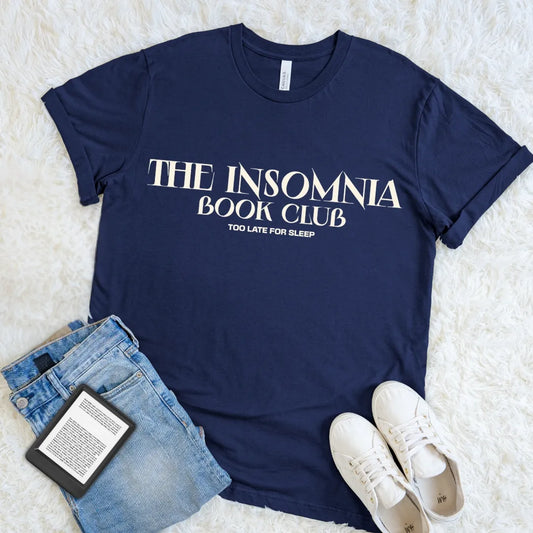 Navy The Insomnia Book Club T-shirt with cream late-night reader typography