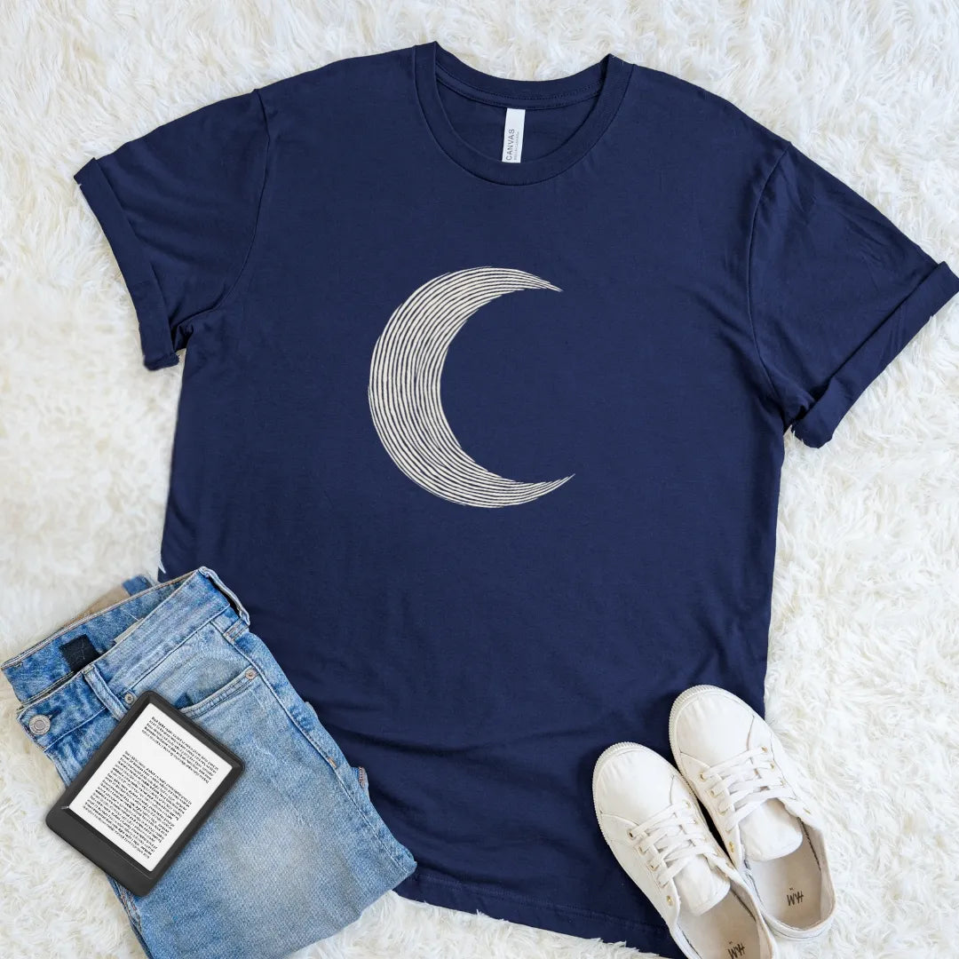 Navy celestial T-shirt with an understated cream crescent moon for night readers