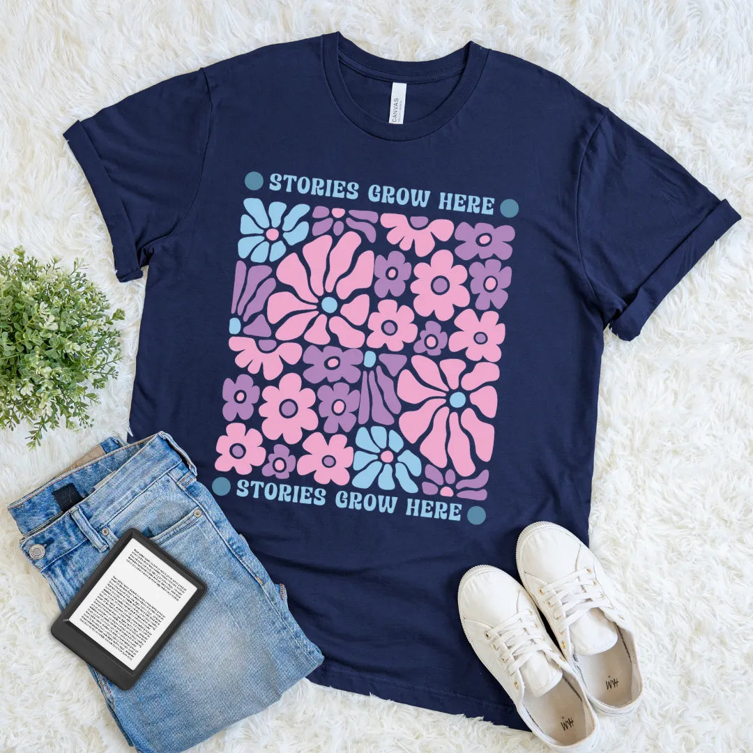 stories grow here reading tee with retro flowers