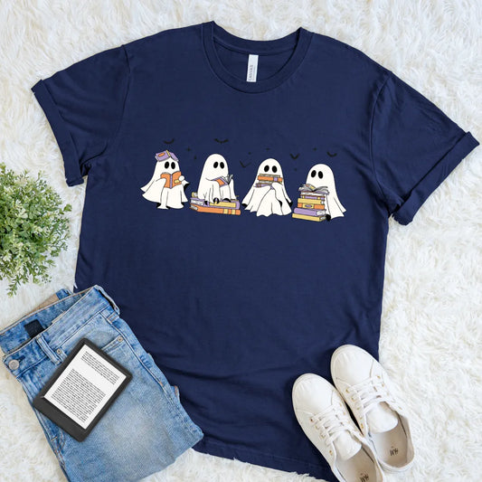 four cartoon ghosts reading books Halloween t-shirt