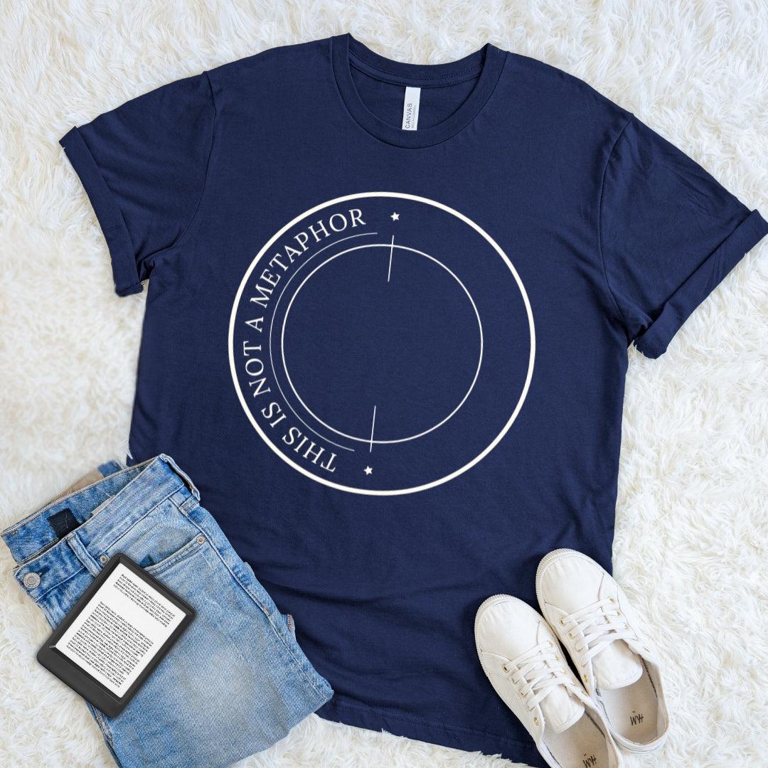 Minimalist Navy blue  literature shirt featuring This Is Not a Metaphor in a clean conceptual graphic design.