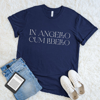 Soft cotton navy bookish tee with cozy Latin phrase for introverts 