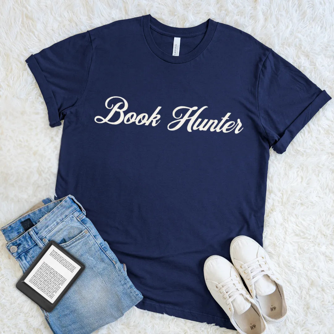 Soft cotton bookish tee with classic script text on navy  fabric