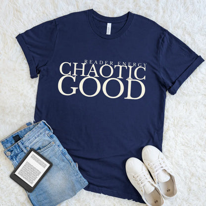 Minimalist reader shirt featuring bold Chaotic Good typography on navy cotton