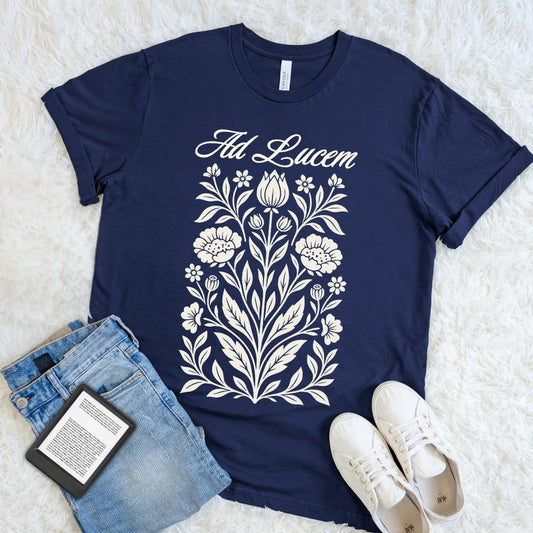 Navy Ad Lucem Latin T-shirt with vintage botanical artwork and elegant script, a dark academia floral tee meaning toward the light for thoughtful optimists.