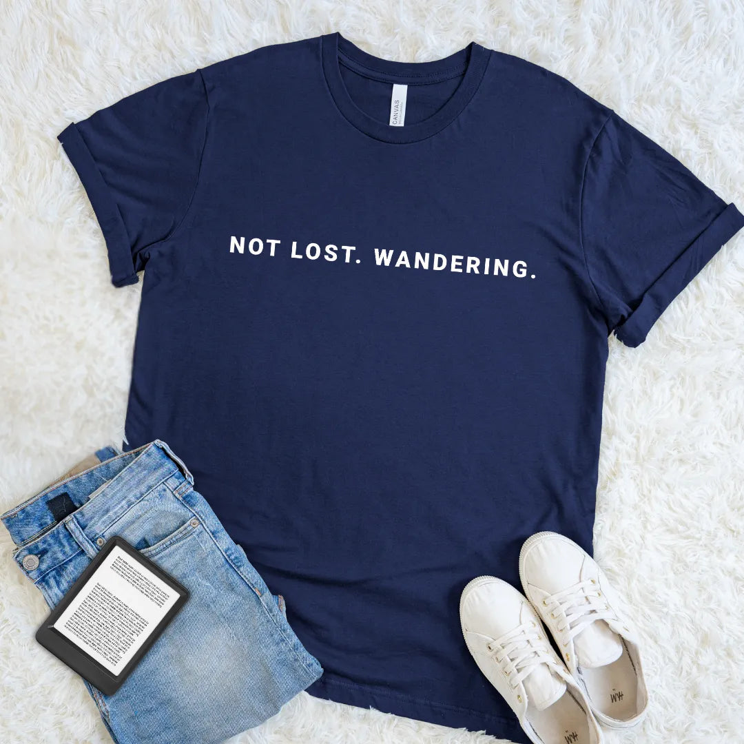 Navy Not Lost Wandering book lover T-shirt with clean minimalist typography, an understated literary humor shirt for curious readers and daydreamers.