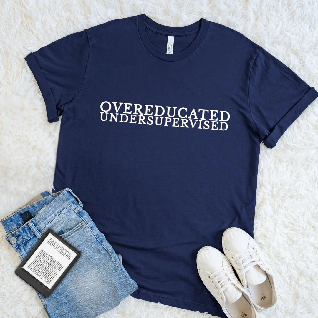 Cozy navy bibliophile tee with witty academic inspired typography