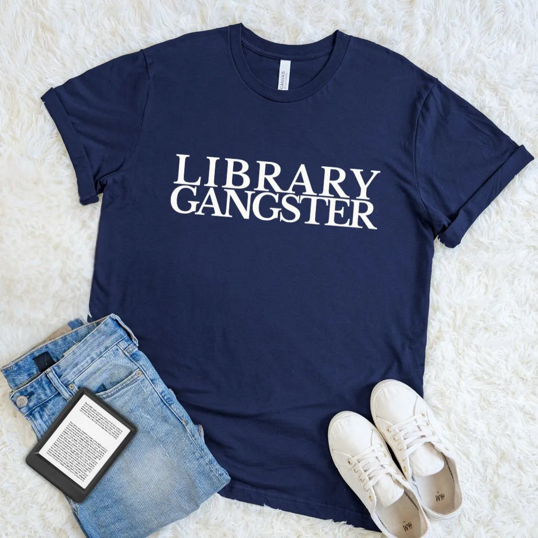 Navy blue book lover T-shirt featuring Library Gangster typography design