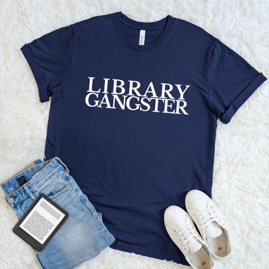 Navy blue book lover T-shirt featuring Library Gangster typography design