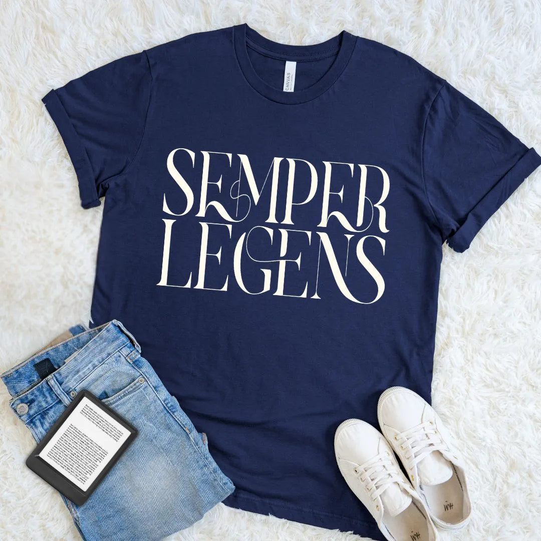Navy blue book lover T-shirt featuring Semper Legens typography in elegant serif lettering