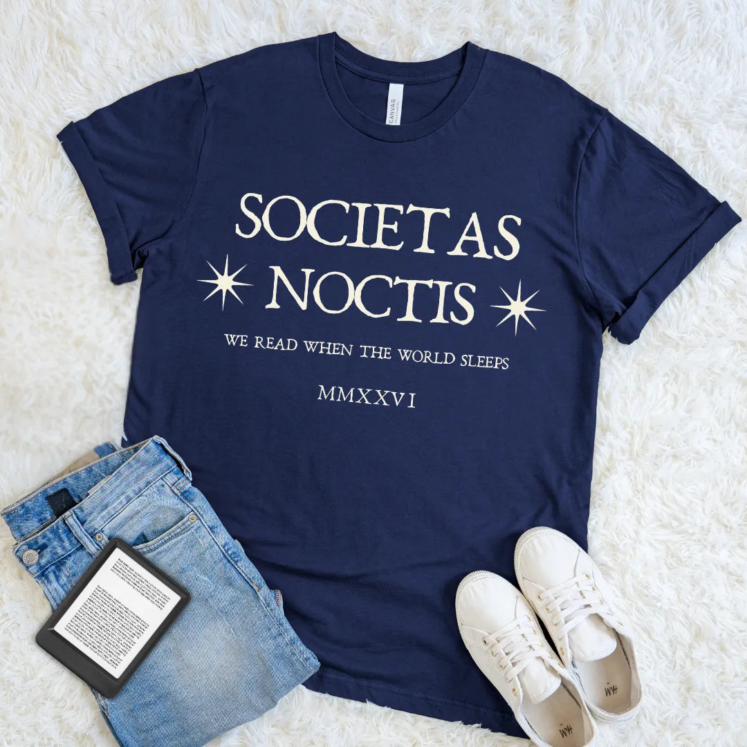 Soft cotton navy blue dark academia T-shirt with “Societas Noctis” Latin text 