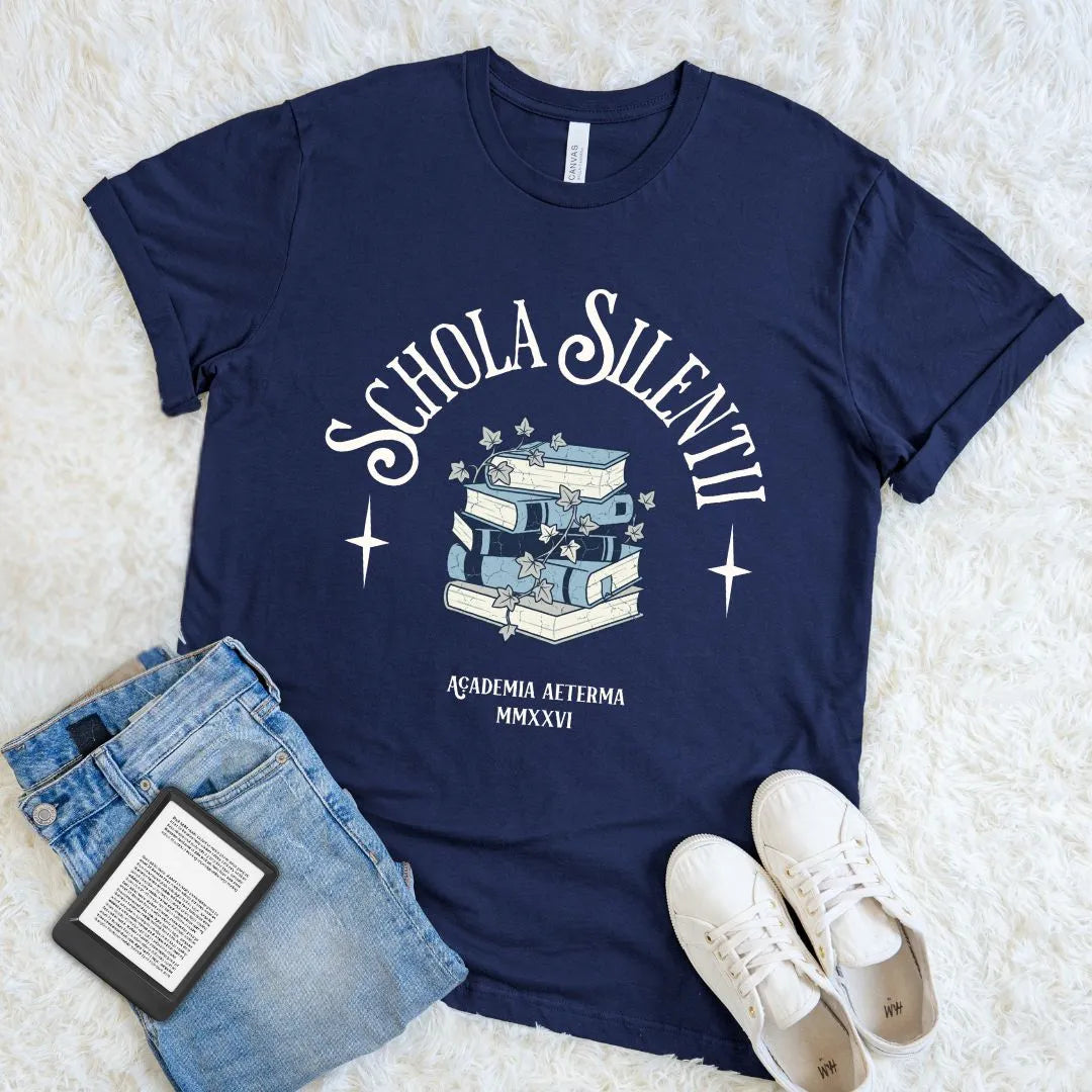  dark academia  literary shirt with book stack illustration and subtle vintage academic design on soft cotton navy fabric 