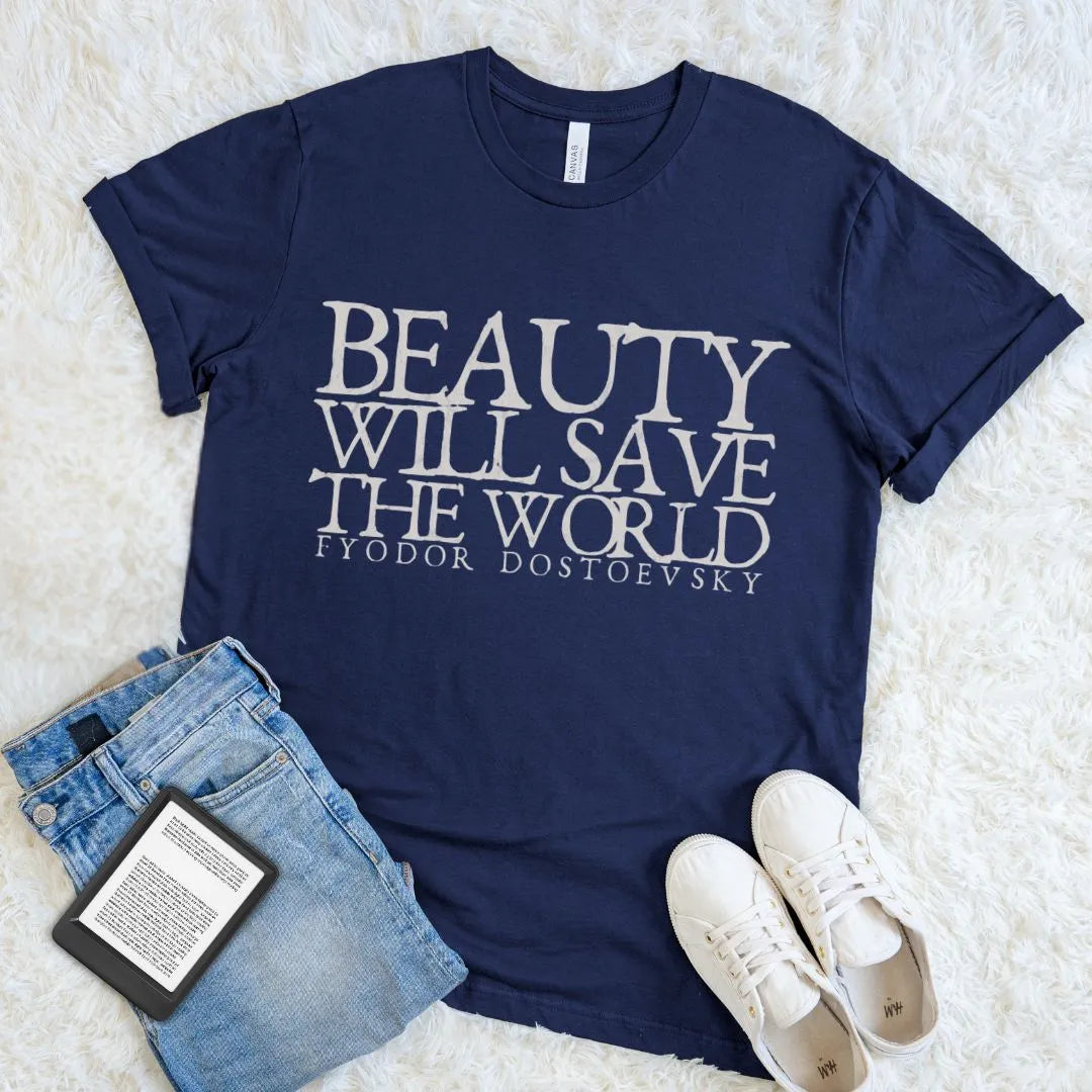 Soft cotton reader shirt with Dostoevsky-inspired quote graphic on navy blue fabric