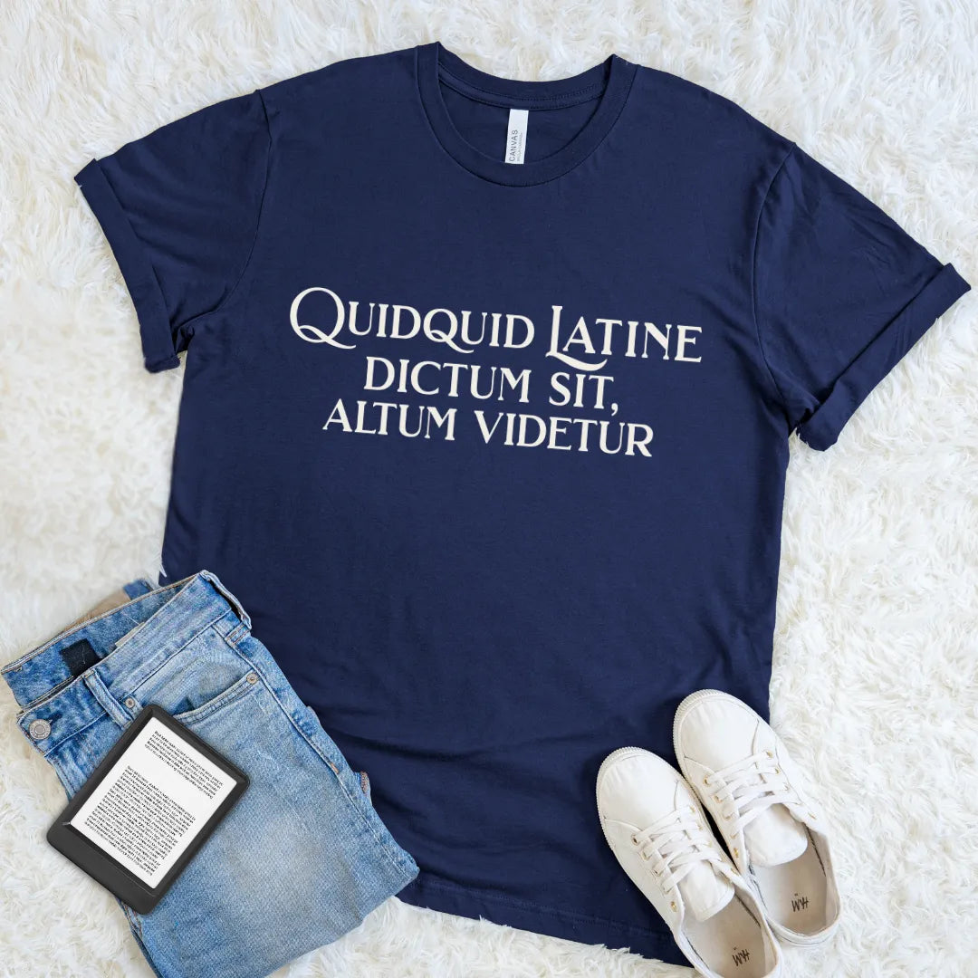 Dark academia reader shirt featuring elegant Latin phrase design on navy soft cotton tee