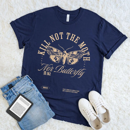 Soft cotton navy dark academia T-shirt with vintage moth illustration and William Blake quote in gold serif typography