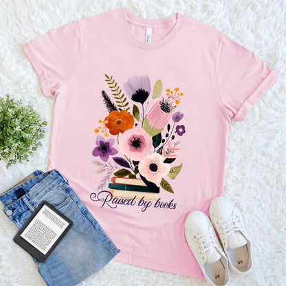 Pink cozy vintage reader shirt with blooming flowers and book stack art 