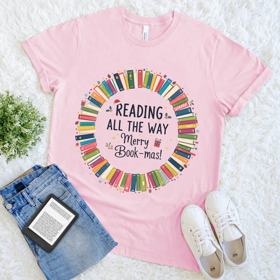 Festive graphic tee for book lovers  in pink