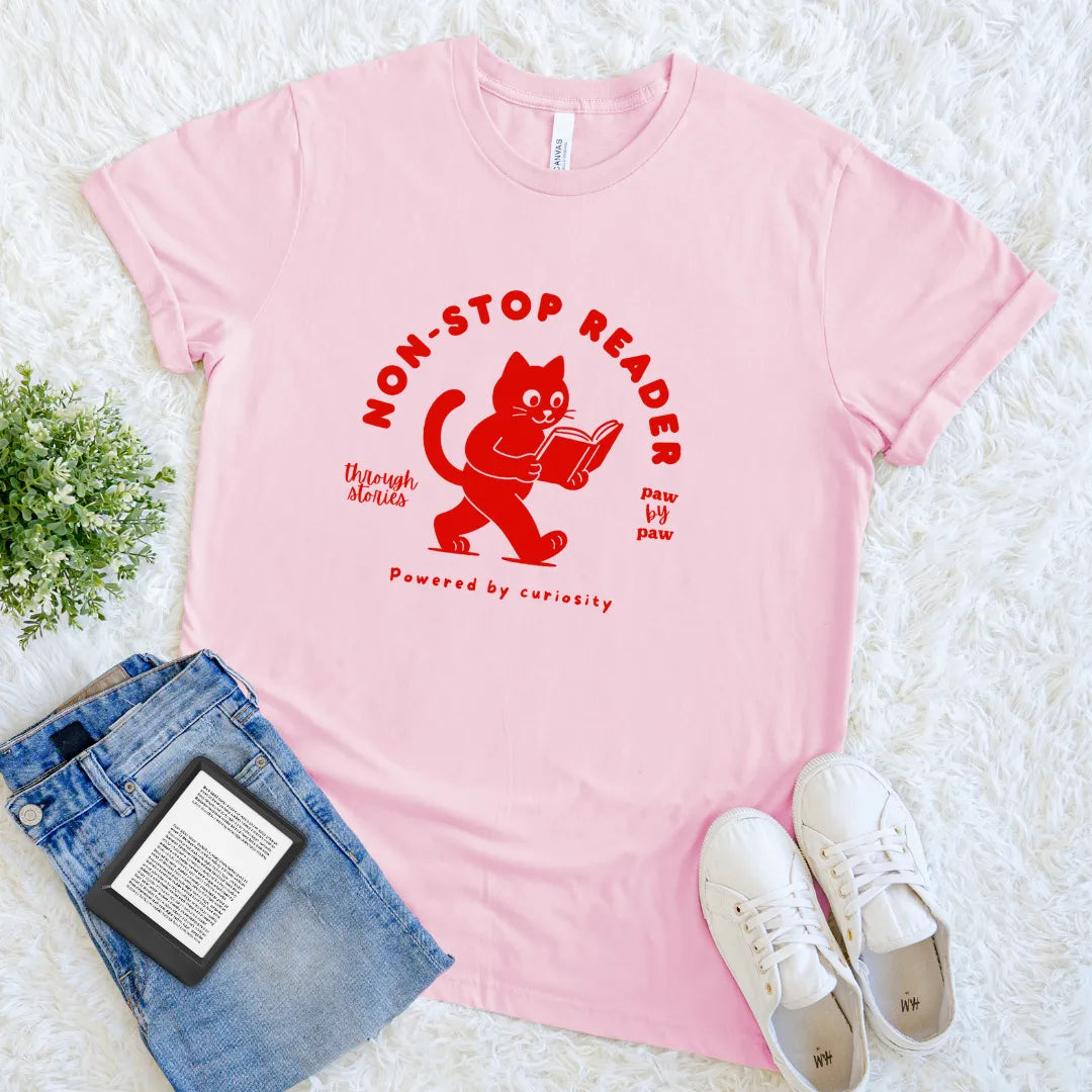 funny literary introvert tee with walking cat and book