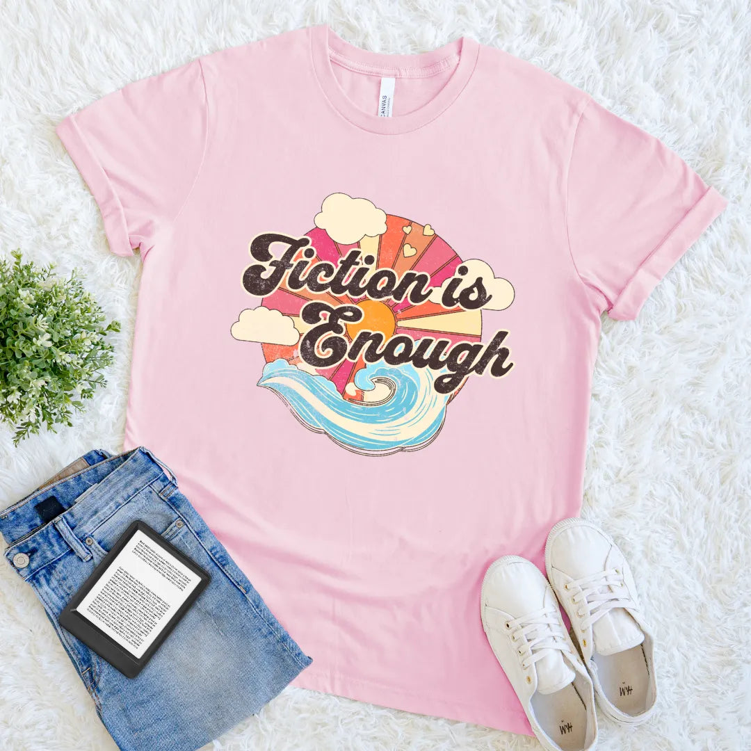 retro aesthetic reading tee with sunset and waves