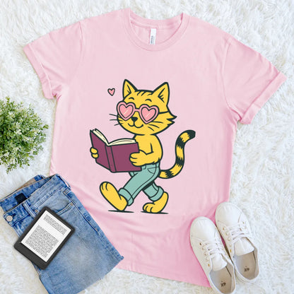 Funny pink reader tee featuring a walking cat in jeans and heart sunglasses
